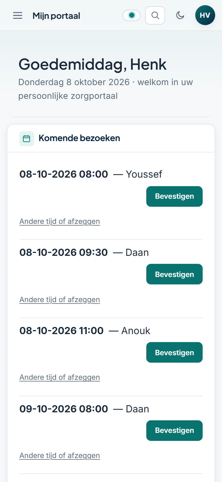 Het cliëntportaal van Henk op de telefoon: komende bezoeken met een knop om ze te bevestigen